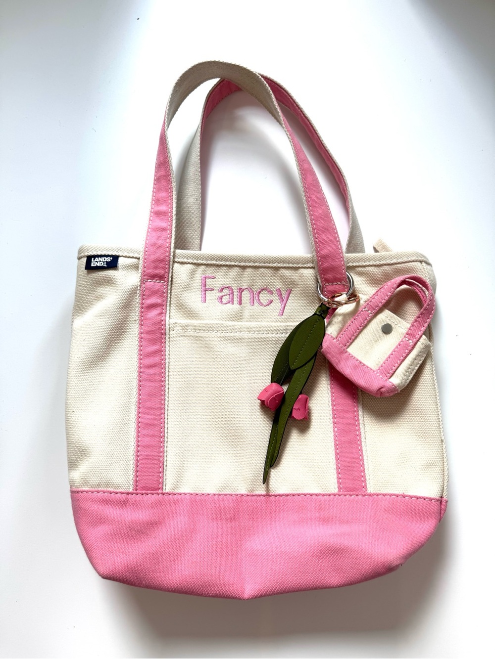 Lands' End Canvas Zip Top Tote Bag - Natural / Fresh Pink "Fancy" Monogram
